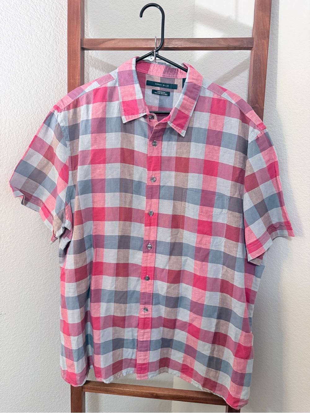 Perry Ellis Pink and Gray Plaid Short-Sleeve Button-Down Shirt
